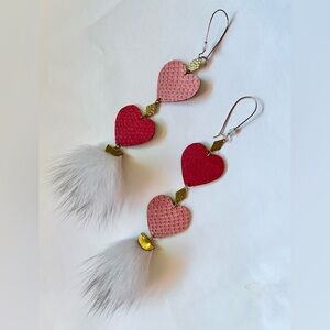 Hearts handmade salmon fish skin grey fox fur earrings